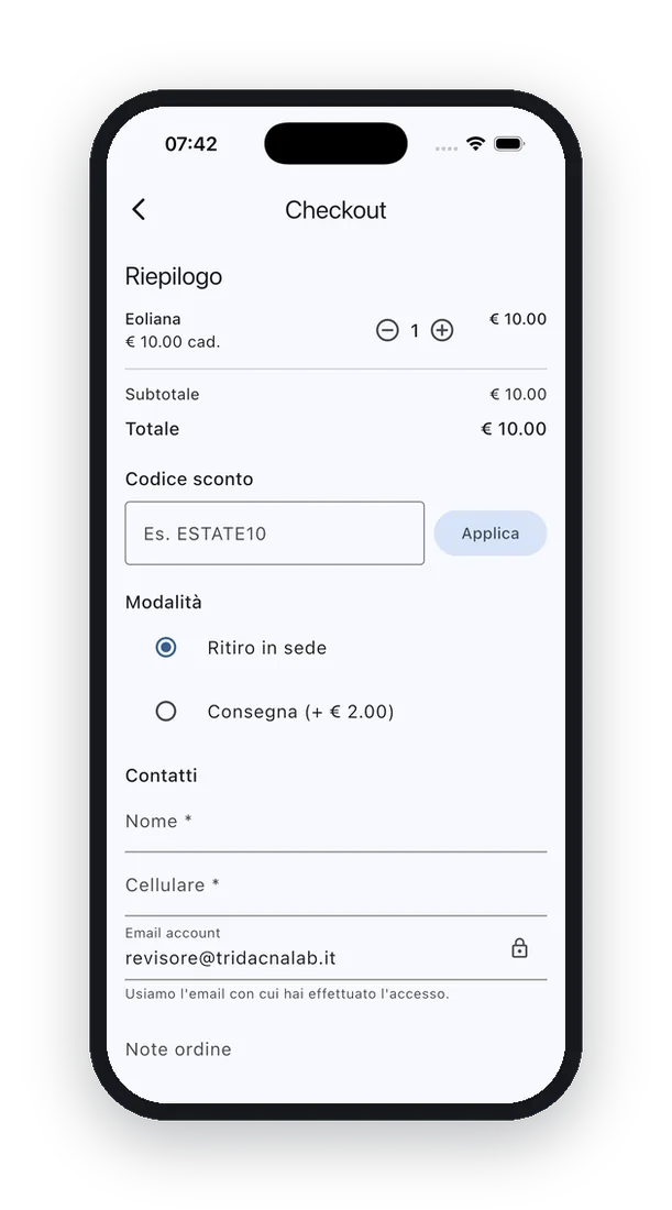 Il checkout dell'app PASSTOO con il codice sconto, ritiro in sede o consegna