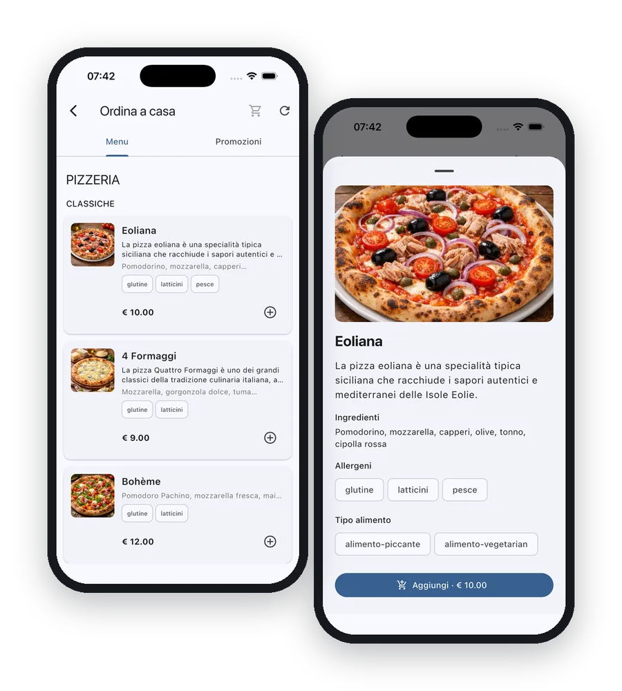 Il menu del locale nell'app PASSTOO, con la scheda del piatto